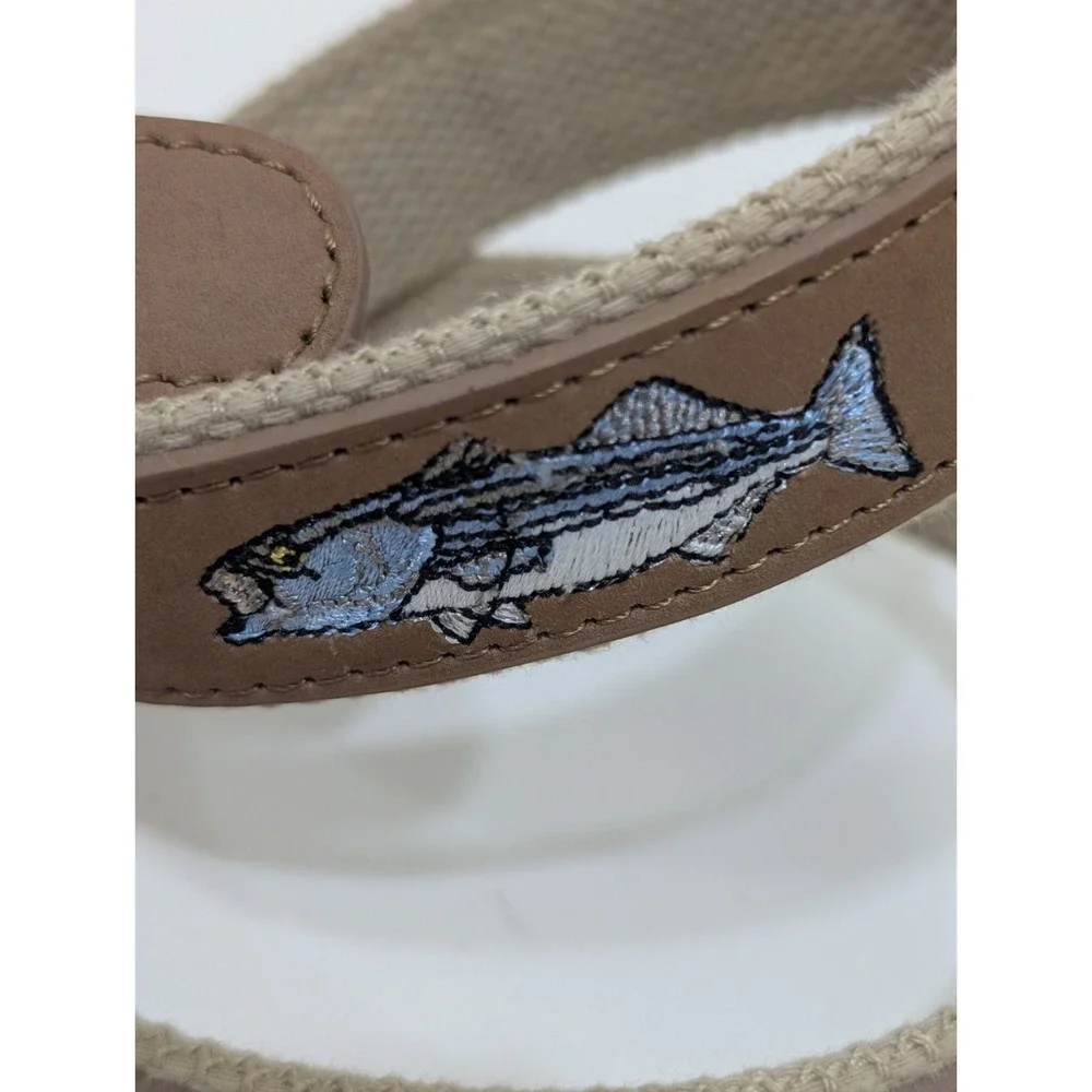 Guy Harvey Leather Belt Men's 36 Blue Fish Embroidered Tan/Beige Sport Fishing